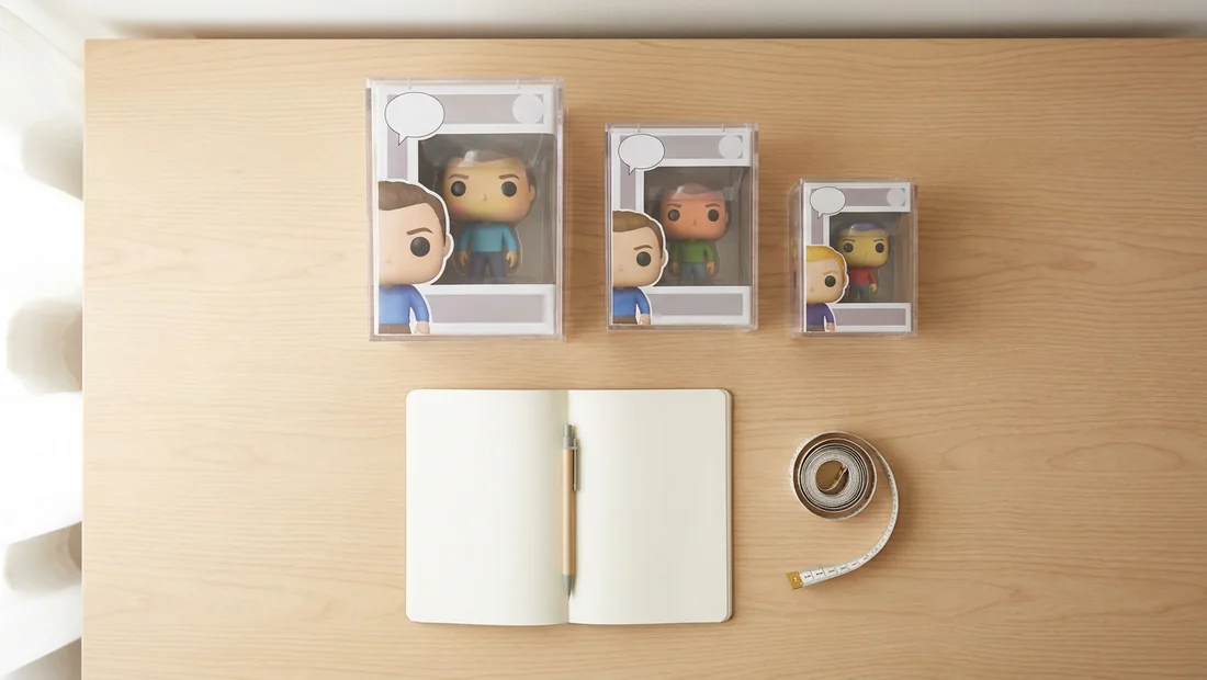 Bureau de collectionneur avec mètre ruban, carnet et trois boîtes de figurines protégées de tailles différentes