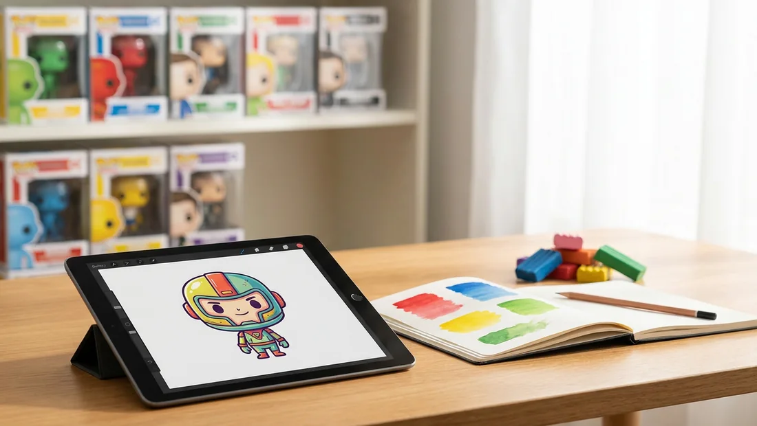 Croquis de design d'une figurine Pop sur une tablette
