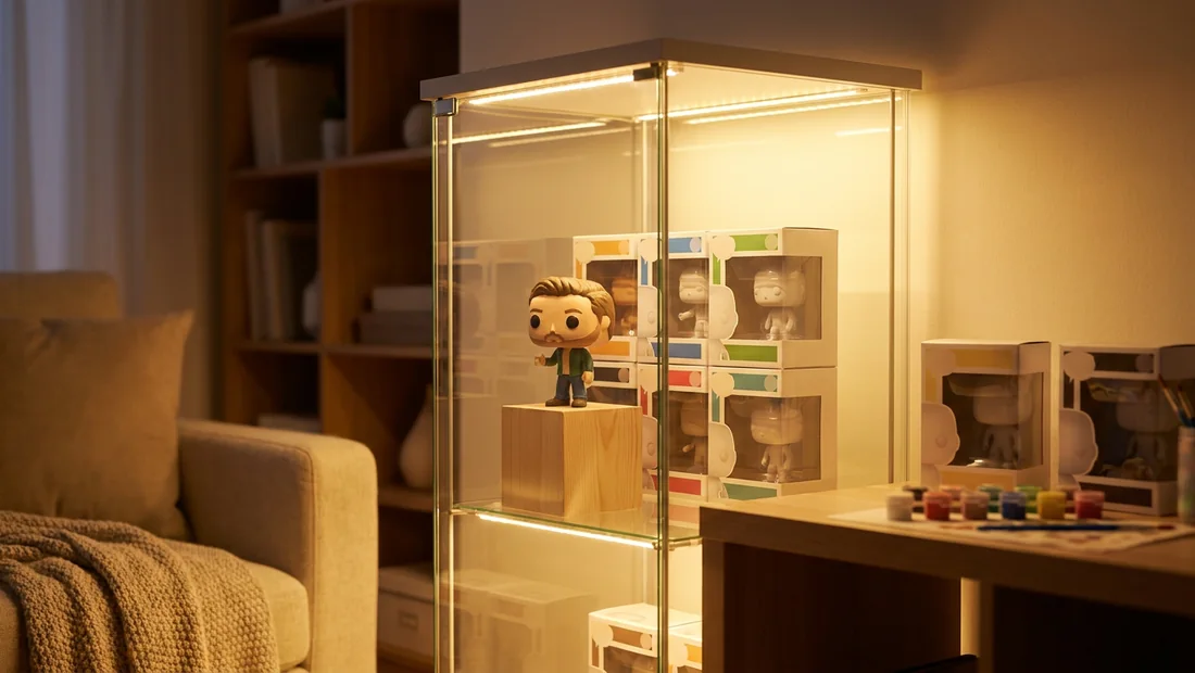 Figurine Pop personnalisée exposée dans une vitrine éclairée