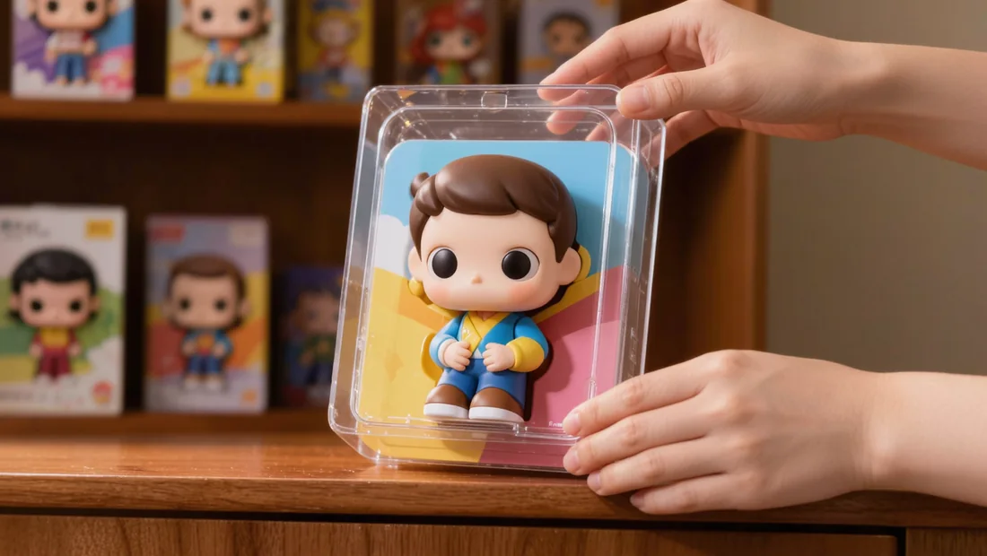 Mains posant un protège-boîte transparent sur une boîte de figurine collector