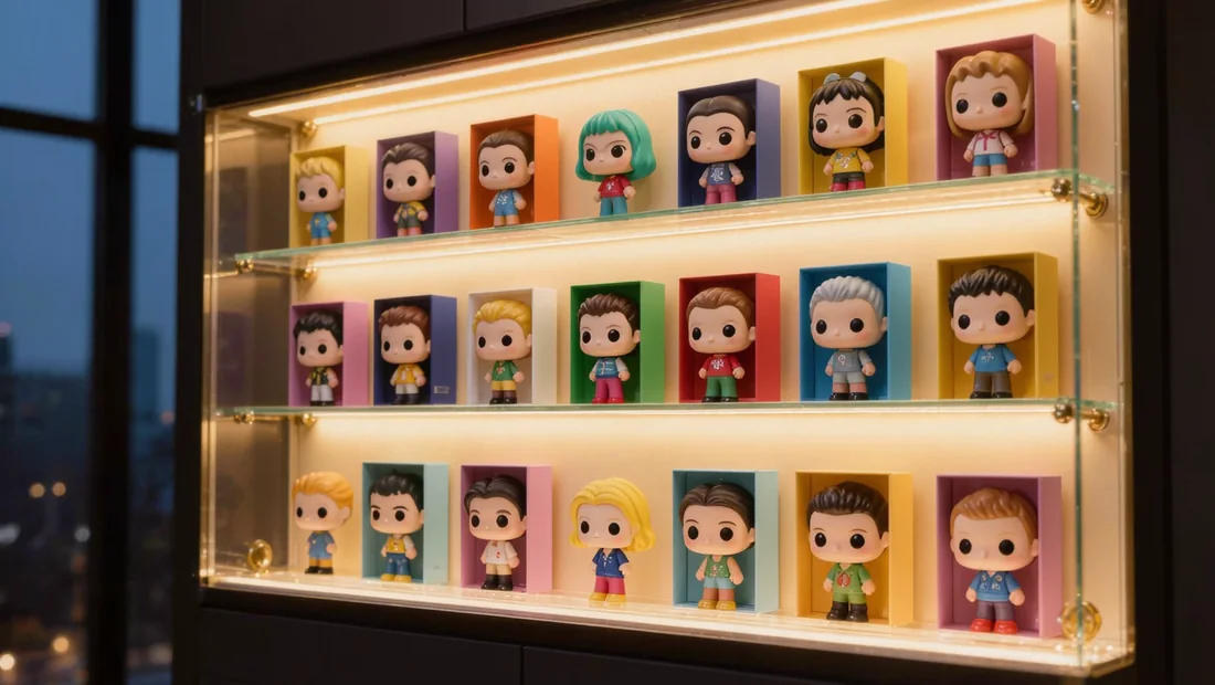 Vitrine en verre éclairée par un ruban LED la nuit avec des figurines collector