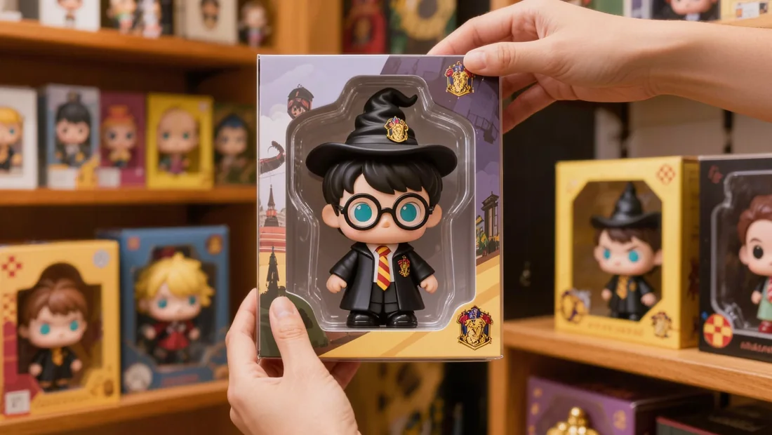 Mains plaçant un protecteur transparent sur une boîte de figurine collector
