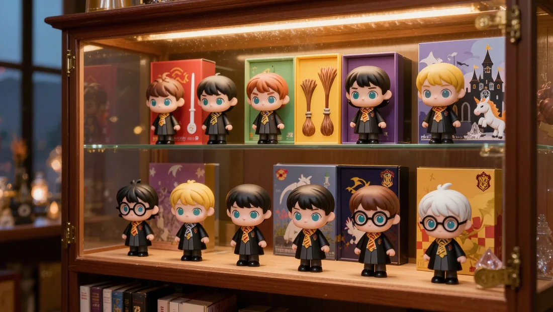 Vitrine éclairée la nuit avec des figurines Harry Potter disposées par thème