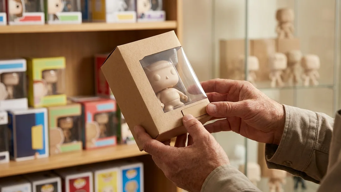 Mains d'un collectionneur retournant une boîte de figurine pour lire le numéro imprimé