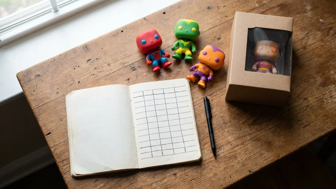 Carnet de collection ouvert avec colonnes manuscrites à côté de figurines collector