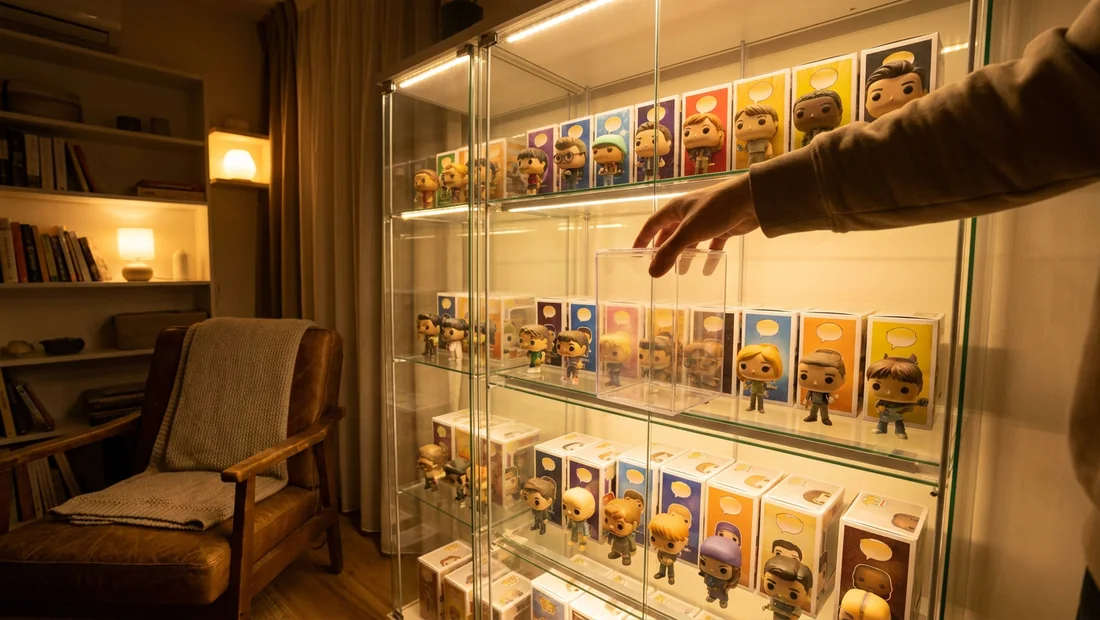 Vitrine éclairée la nuit avec des boîtes de figurines collector rangées par série