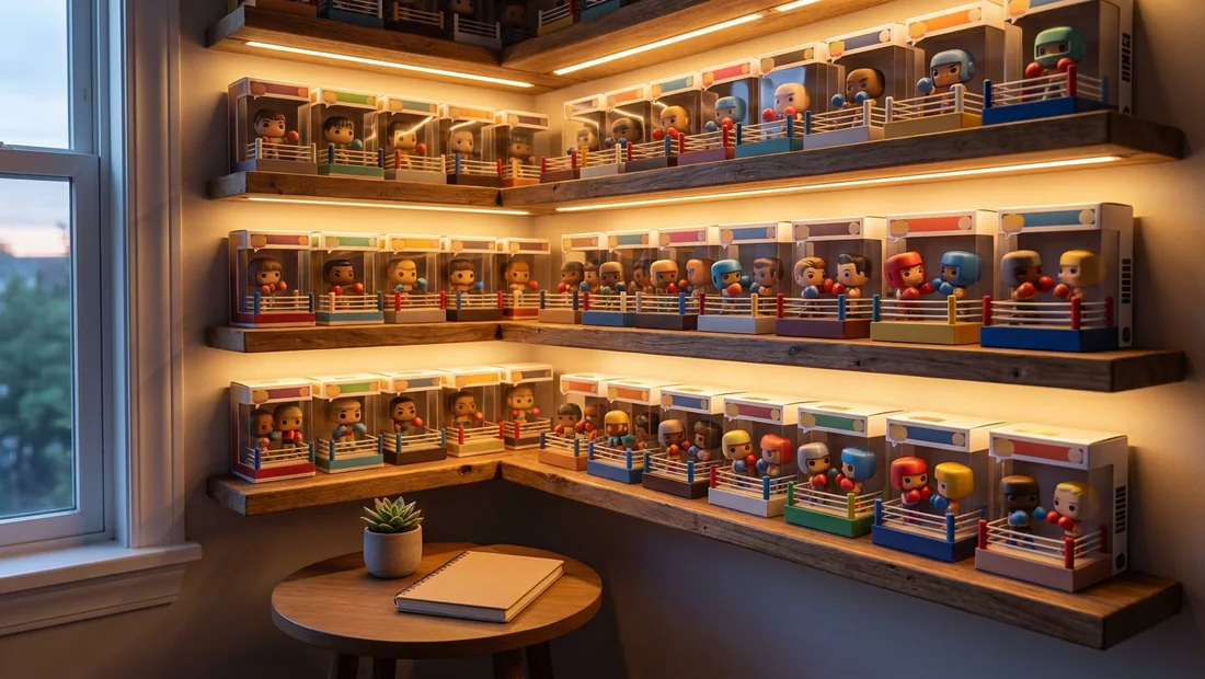 Étagères murales remplies de figurines collector dans un coin de salon le soir