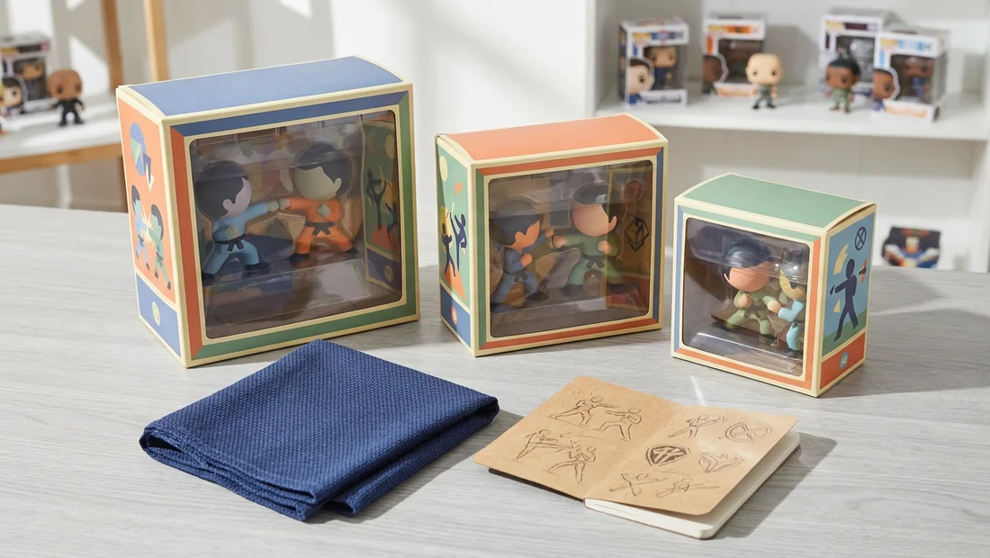 Trois boîtes de figurines collector de tailles différentes posées sur un bureau clair