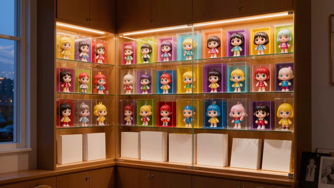 Vitrine de nuit avec des figurines collector de tailles différentes