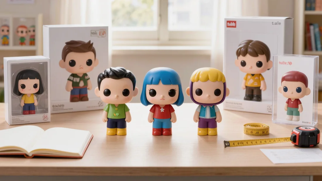Bureau de collectionneur avec mètre ruban et figurines de tailles différentes